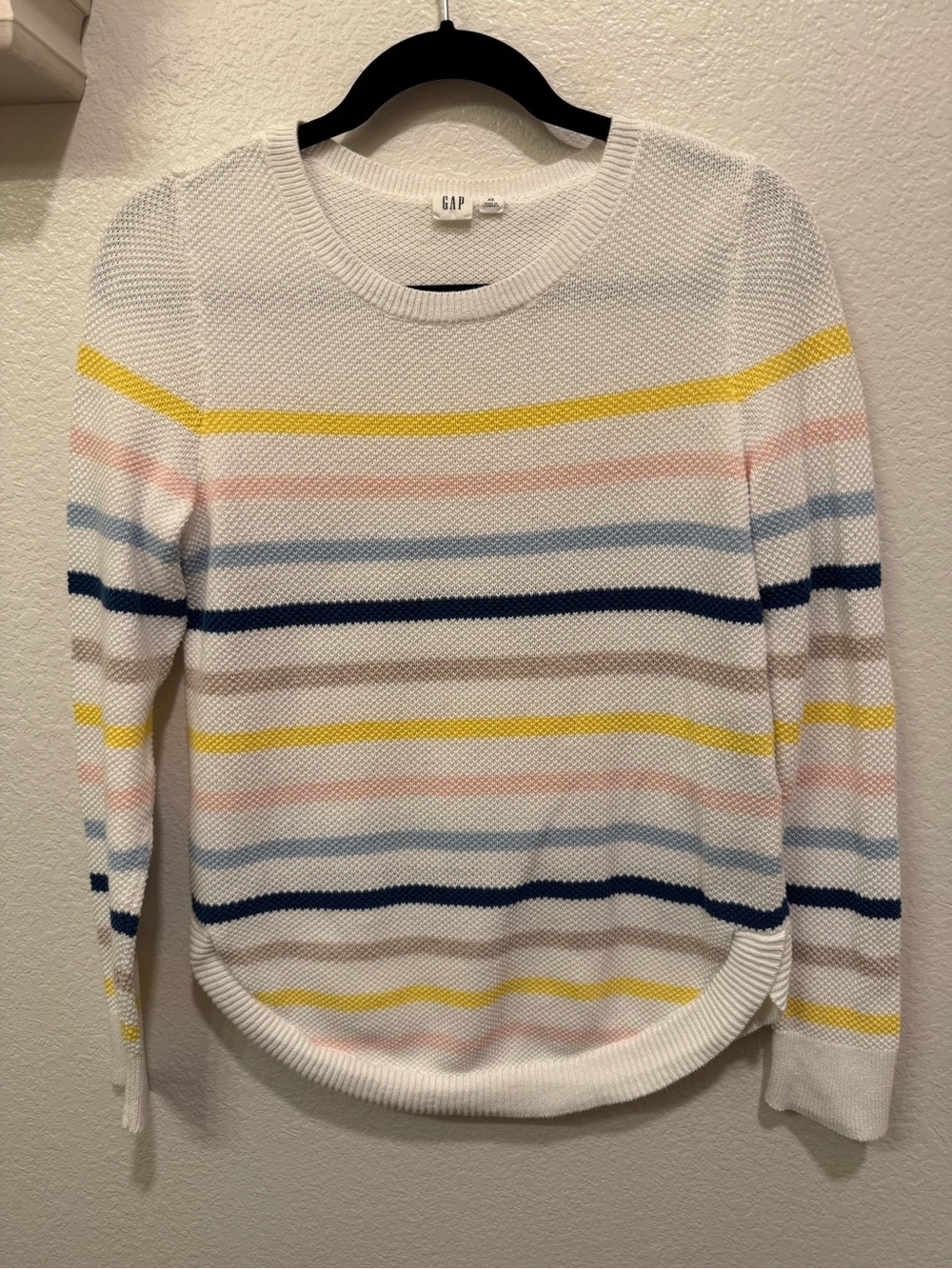 GAP White Crewneck Sweater with Yellow, Navy, Light Blue & Pink Stripes